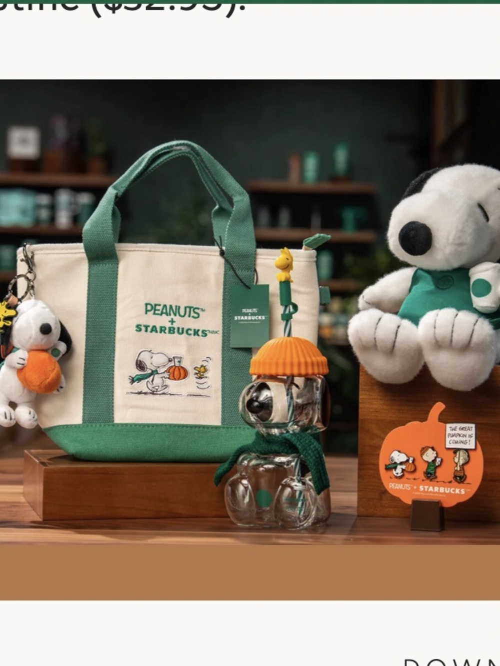 Lot of 5 Starbucks Peanuts Snoopy glass, mini tote, bag charm, plush, pin set